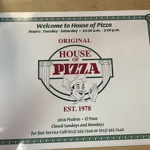 a sign for the original house of pizza