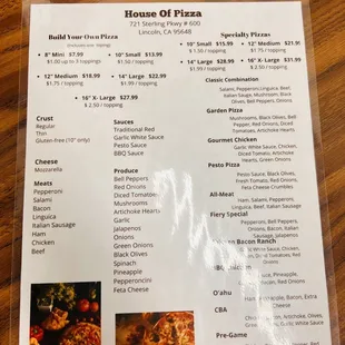 the menu for the house of pizza