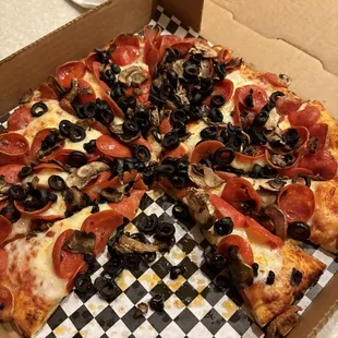 Pepperoni, mushrooms and olives!