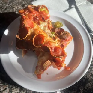 a slice of pizza on a plate