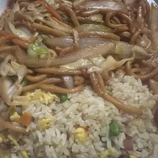 Chicken chow mein and pork fried rice