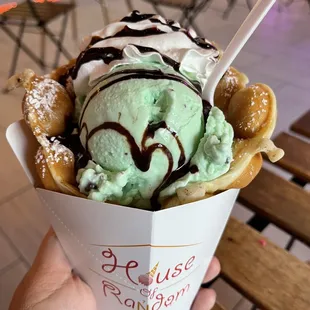 Bubble waffle with mint chocolate chip ice cream