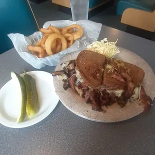 The House Special #8A, King sized with Onion Rings, with pastrami, no Mustard Sauce, sub 1000 Island. AMAZING.