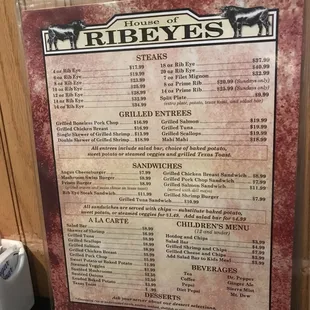 Dinner menu