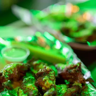 Wings lightly tossed wing in honey habanero sauce.