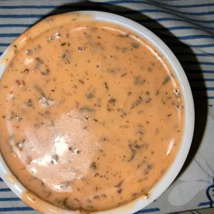 Sauce served with steak and cheese egg roll