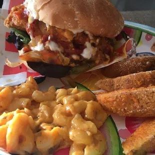 Nipsey Crispy Chicken Sandwhich, Buffalo Mac n Cheese, Potato Wedges
