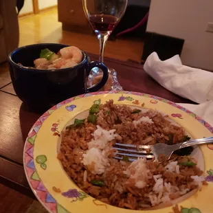 Veggie fried rice mixed with steamed rice &amp; soy sauce, Shrimp Almond Ding &amp; Beef n Broccoli