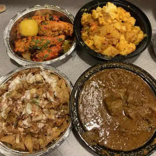 Chicken Kebab, Aloo Gobi, Goat Curry, Aloo Chat Papri