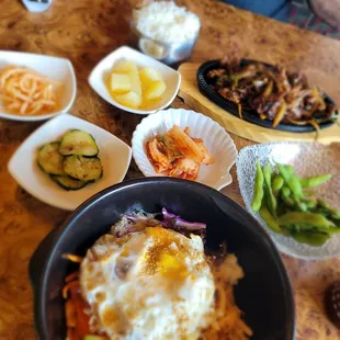 Our meal.  Bibimbap in the front, delicious pork bulgogi (cooked spicy!) in the back.  I can&apos;t wait to eat here again.