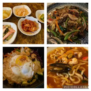 Japchae vegetable with pork, Bibimbop vegetable with shrimp, Champong seafood