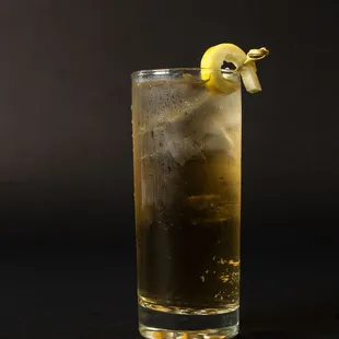 a tall glass with ice and a lemon garnish
