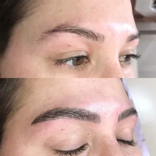 Natural straight arch microblading to mimic tamed virgin brows
