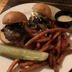 Sirloin sliders with a side of sweet potato fries.