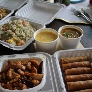 Egg rolls, Kung Pao Chicken, fried rice, chow mein