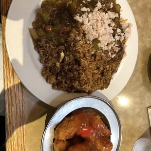 Chicken chow mein, fried rice, sweet and sour chicken