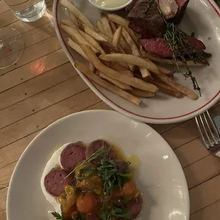 Steak frites and Lamb Sausage