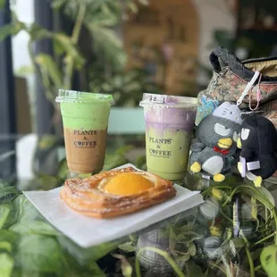Iced Vietnamese Coffee w/ Pandan Cold Foam, Iced Matcha Latte w/ Ube Cold Foam, Peach Danish