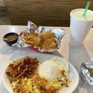 a plate of food and a drink