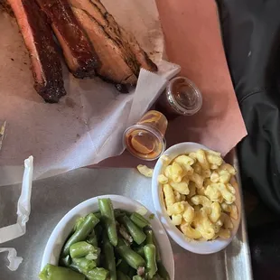 Pork ribs, Smoked Brisket, Macaroni and Cheese, Green Beans