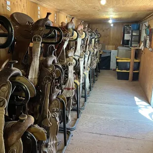 Tack room meticulously in order.