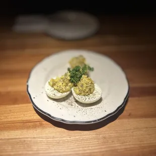 DEVILED EGGS: served picnie style, with Ding&apos;s pickle relish | $8