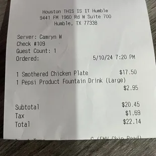 The price of my smothered chicken plate.