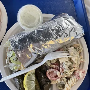 Beef and Lamb Gyro with pasta salad &amp; grape leaves