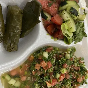 Salad combo with fattoush, grape leaves and tabouli