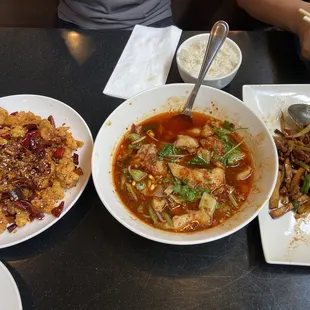 Left: Chongqing Fried Dry Hot Chicken; Middle: Fish Filet with Cabbage in Paste Chili; Right: Shredded Pork with Dry Tofu