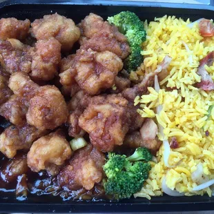 General tso chicken with pork fried rice.