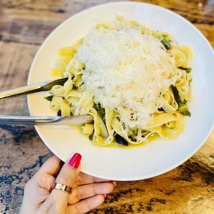 Tagliatelle with olive oil, chili, ramps, parmesan