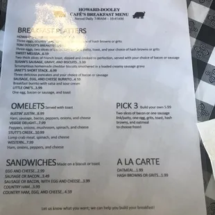 Breakfast menu