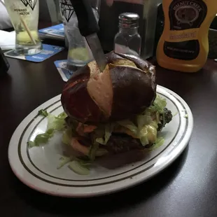 Cheeseburger with a  pretzel bun