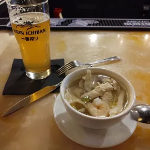 Wonton soup, small $4.50. Hitachino draft, $8