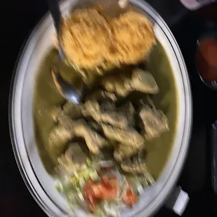 Green chili Featherbone dinner with rice, excellent!