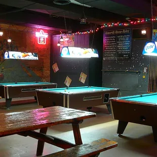 pool tables and neon lights