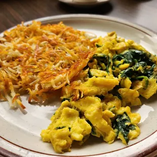 Spinach Scrambled Eggs and Hash Browns