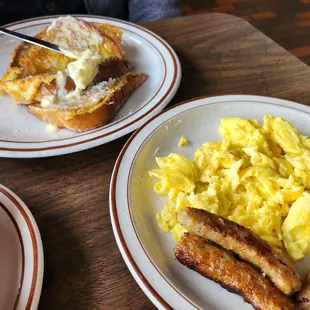 French Toast, Scrambled Eggs, and sausage Links