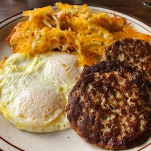 3 Sausage Patties and Eggs with Hash Browns