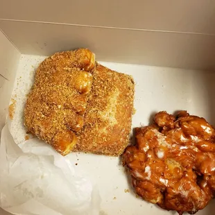 Crumb coated bear claw with apple filling and apple fritter