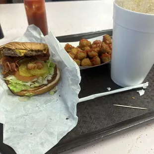 Bacon cheeseburger.. okra.. vanilla cream Dr Pepper.. perfect!!!