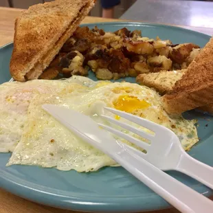 #42  $4.95  2 eggs, bread choice, starch choice.