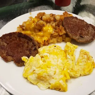 Sausage, eggs, hashbrowns with cheese