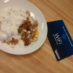 Howdy&apos;s Deli Sausage Gravy and Biscuits mixed with potatoes and free WiFi!!