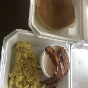 #43 with grits, eggs, bacon and a pancake
