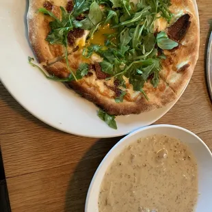 Morning Glory Pizza with a side of sausage gravy- delicious!