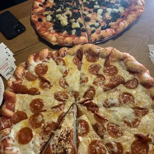 Large pepperoni and large olive and pineapple no cheese