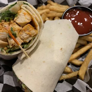 Buffalo chicken wrap with fries