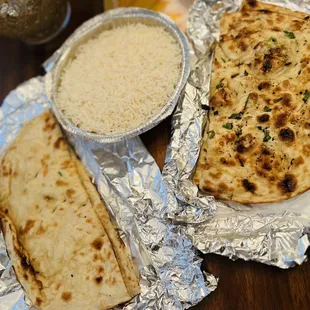 Garlic Naan, Butter Naan, and steamed white rice